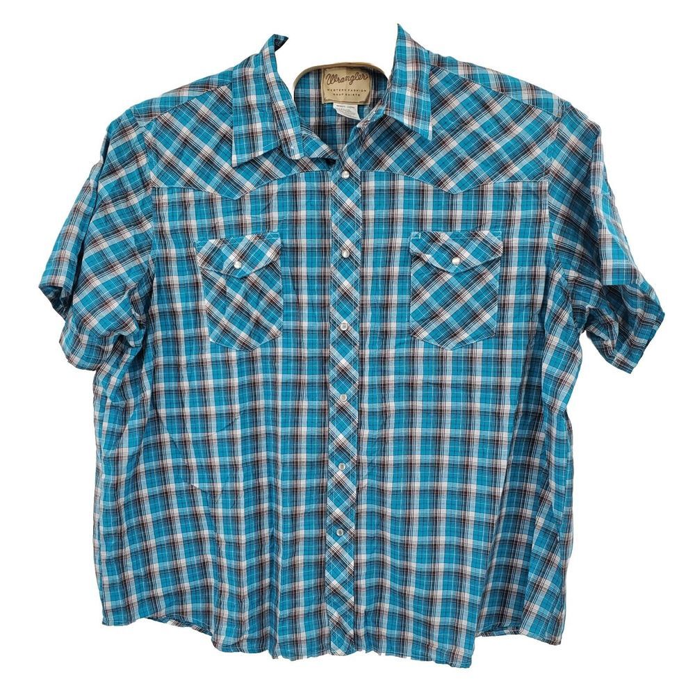 Wrangler Western Pearl Snap Blue Plaid Short Sleeve Shirt Men's Size 3XL Nice
